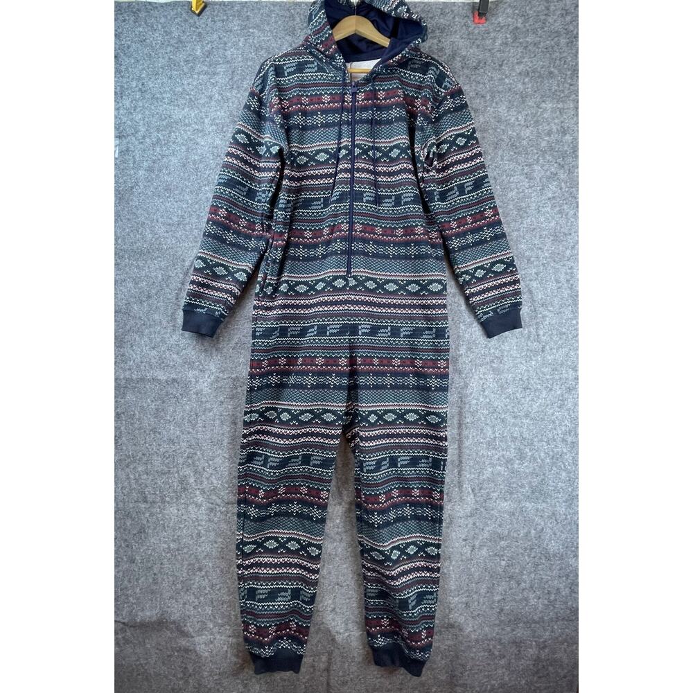 Fabletics Forever Fleece Hooded Jumpsuit Women Small Blue Red Aztec Drawstring